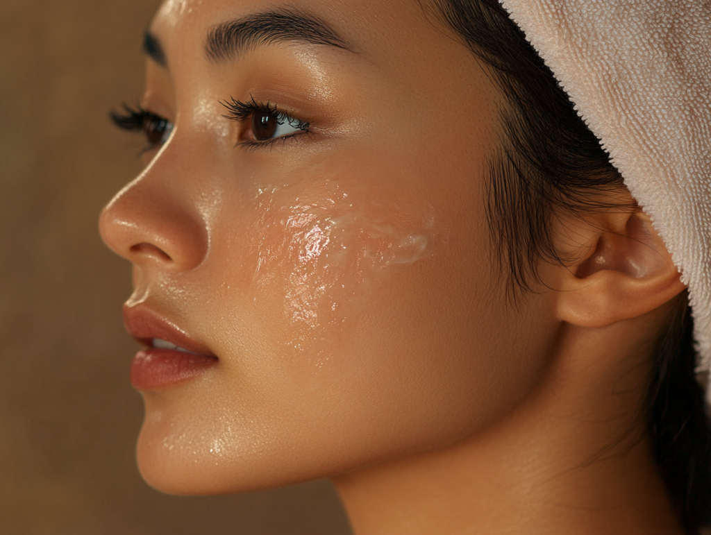 Close-up of woman with skincare product applied.