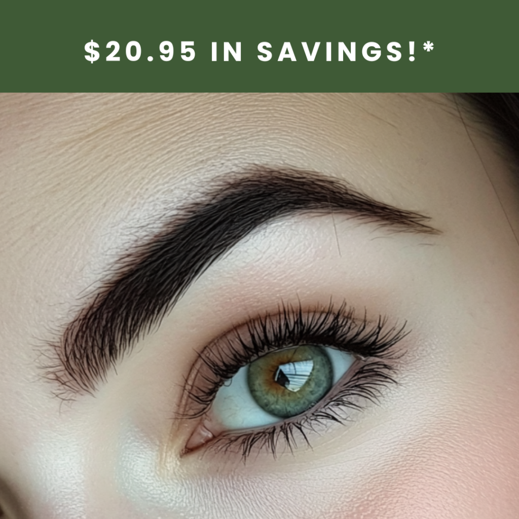 Close-up of green eye with eyebrow discount offer.