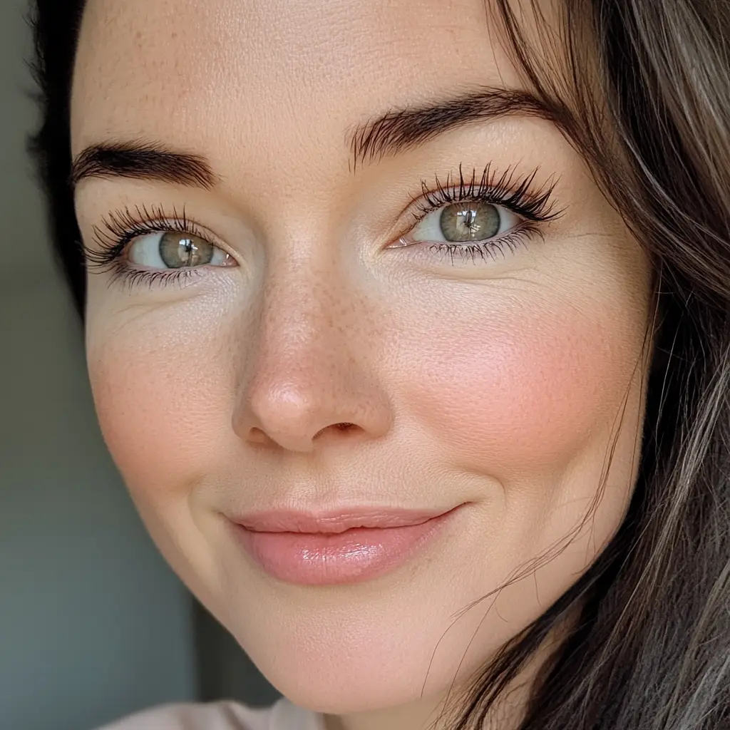 Smiling woman with freckles and long lashes