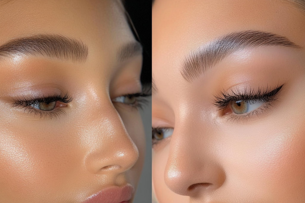 Close-up of model with natural makeup and eyebrows