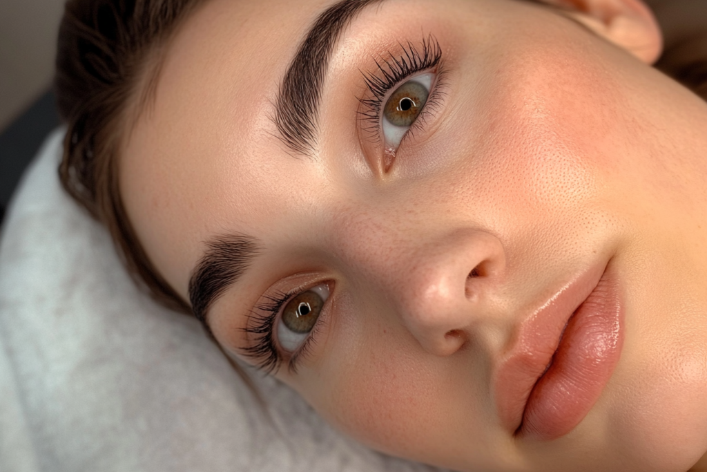 Close-up of woman's face with natural makeup.