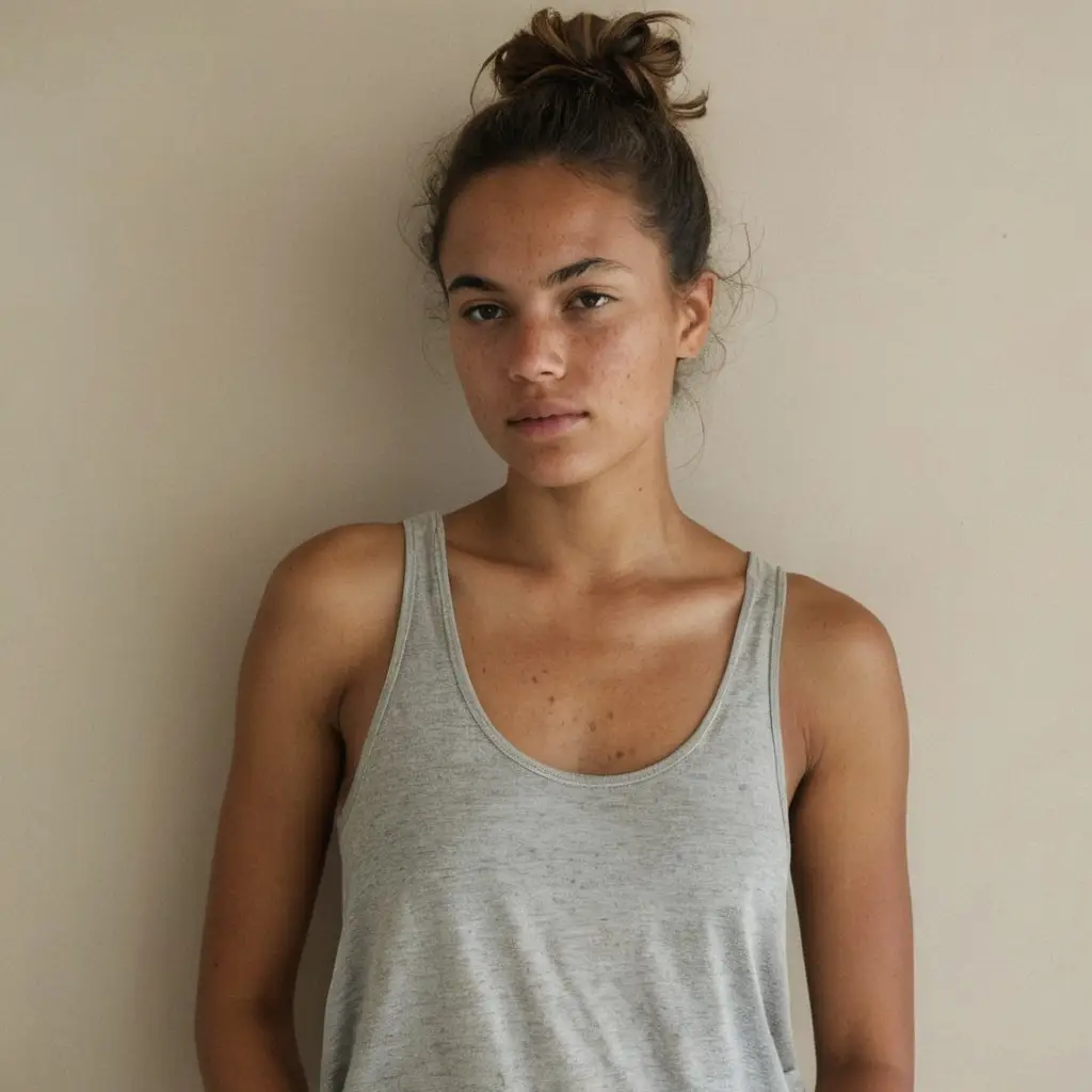 Person in gray tank top against beige wall.
