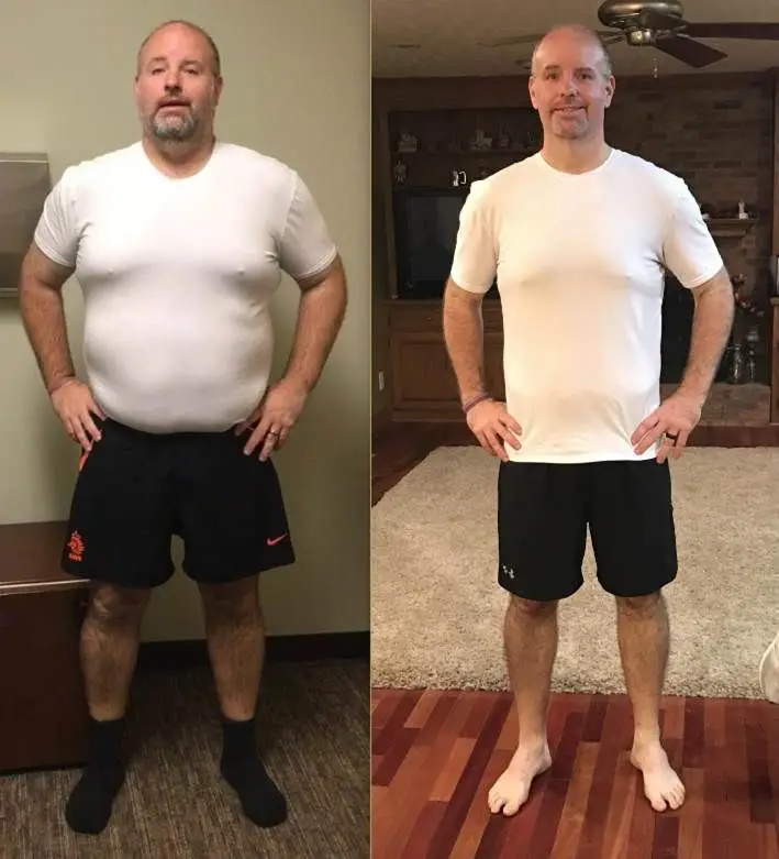 Before and after weight loss transformation photo.