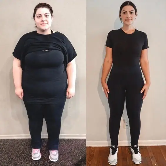 Before and after weight loss transformation photo.