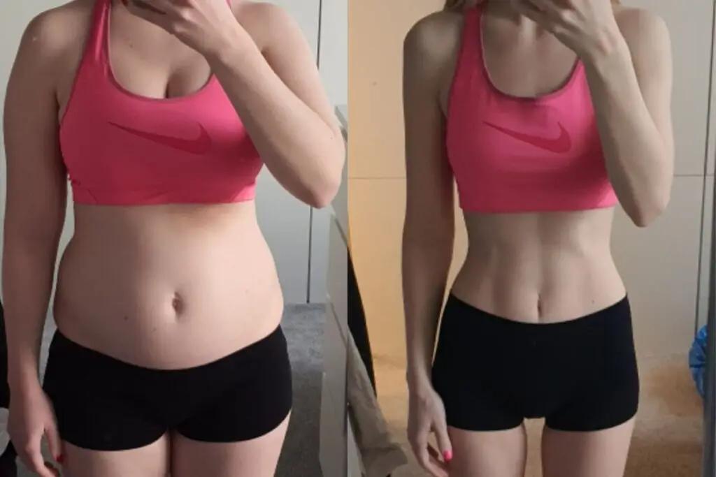 Before and after weight loss comparison photo.