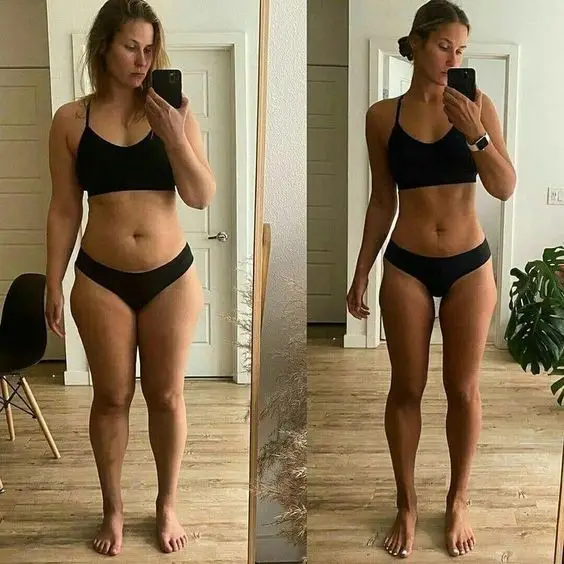 Before and after fitness transformation photo.