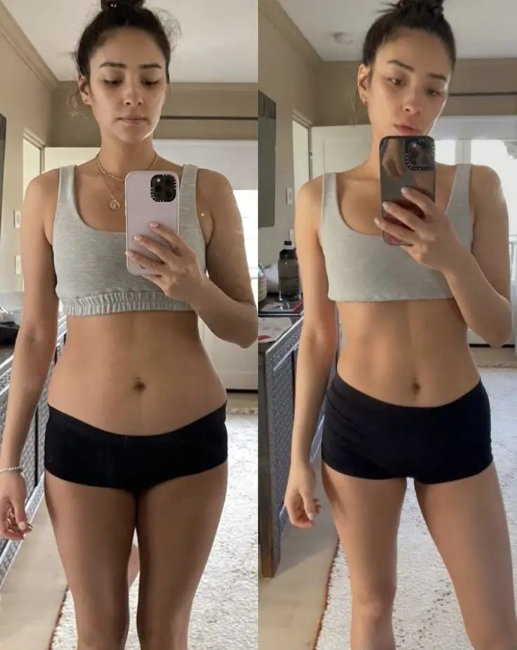 Woman taking mirror selfies in workout clothes.
