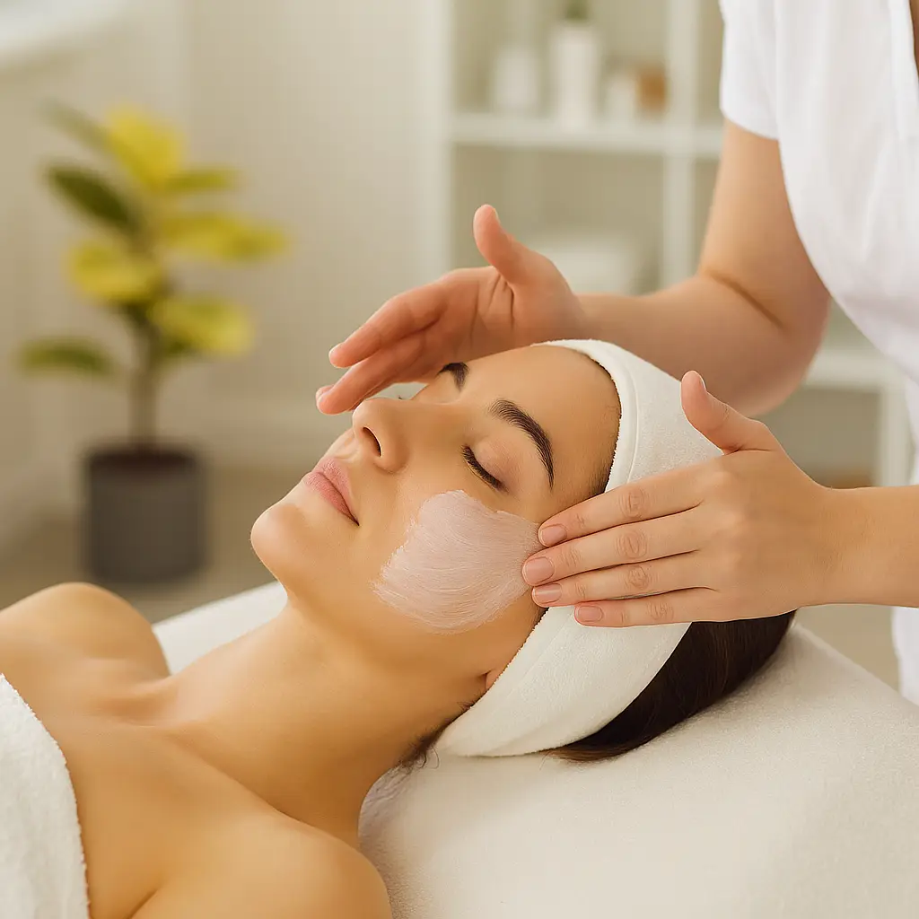 Woman receiving facial massage in spa.