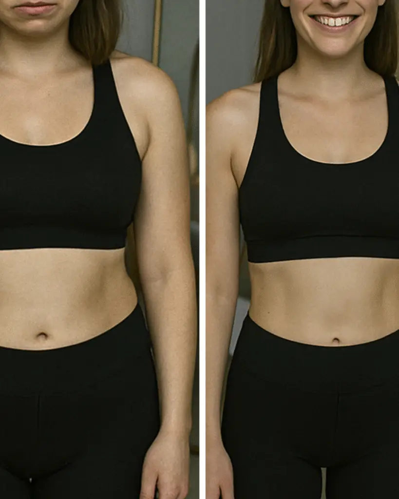 Comparison of woman in workout outfit, before and after.