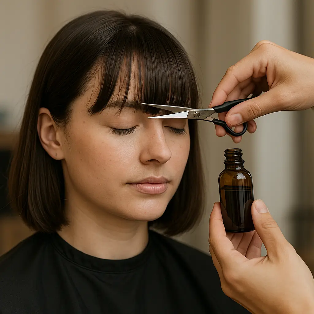 Haircut with scissors and amber bottle