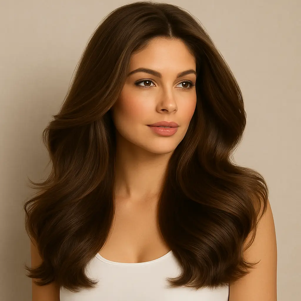 Woman with long brown hair and white top.