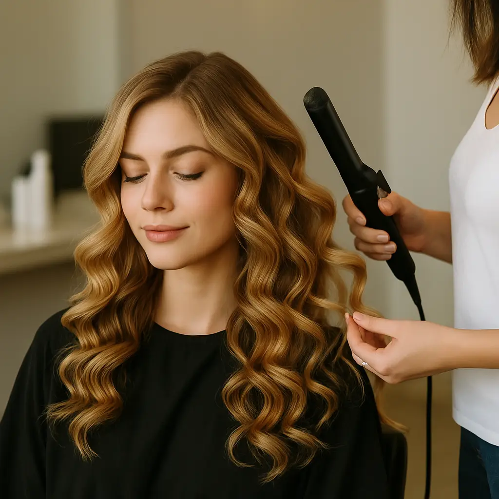 Stylist curling woman's hair in salon