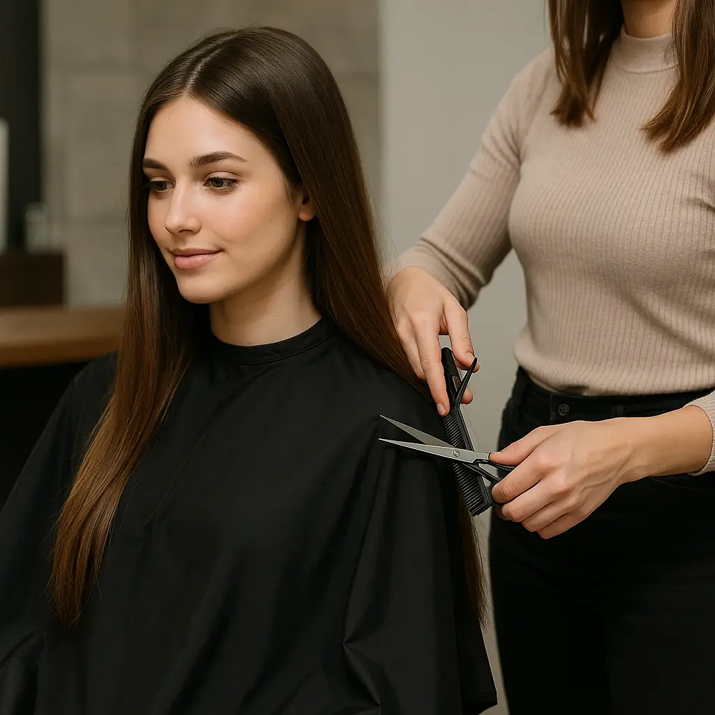 Hairdresser cutting woman's long hair in salon.