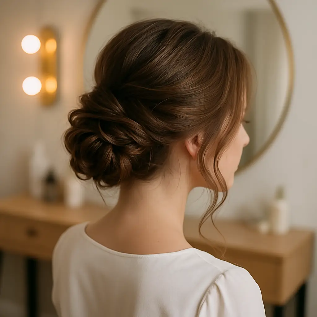 Woman with elegant updo hairstyle in mirror reflection.