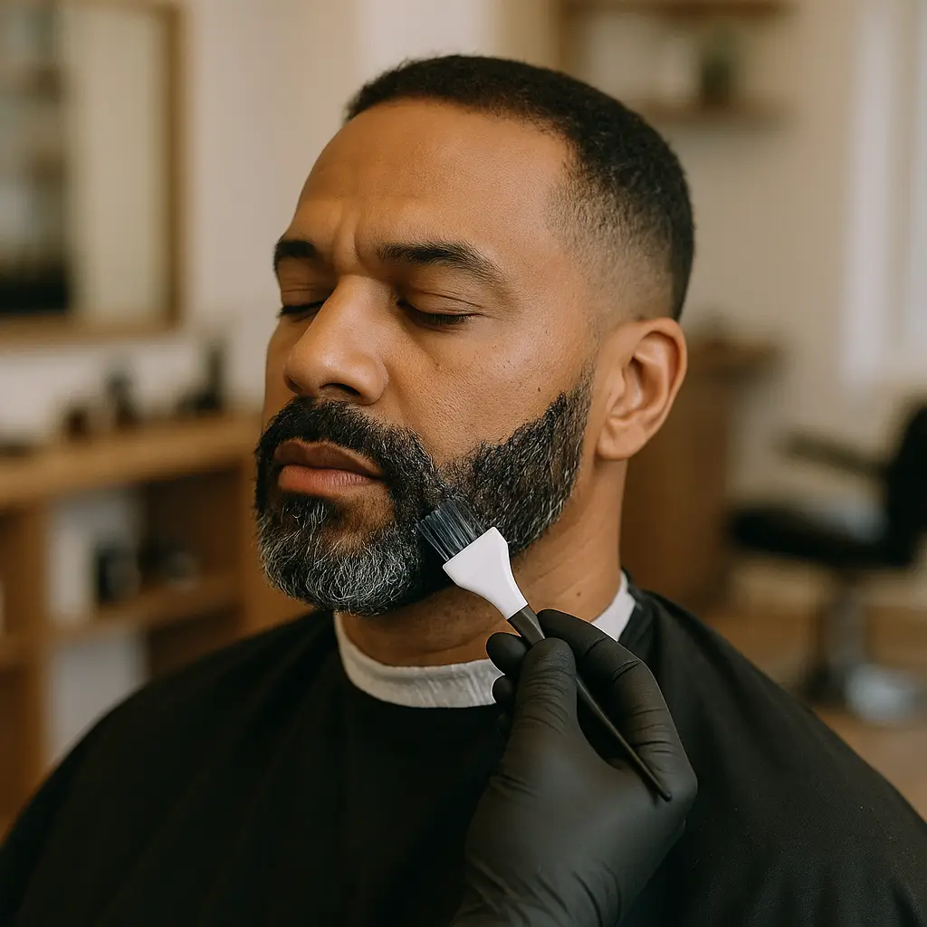 Man receiving beard coloring at barbershop