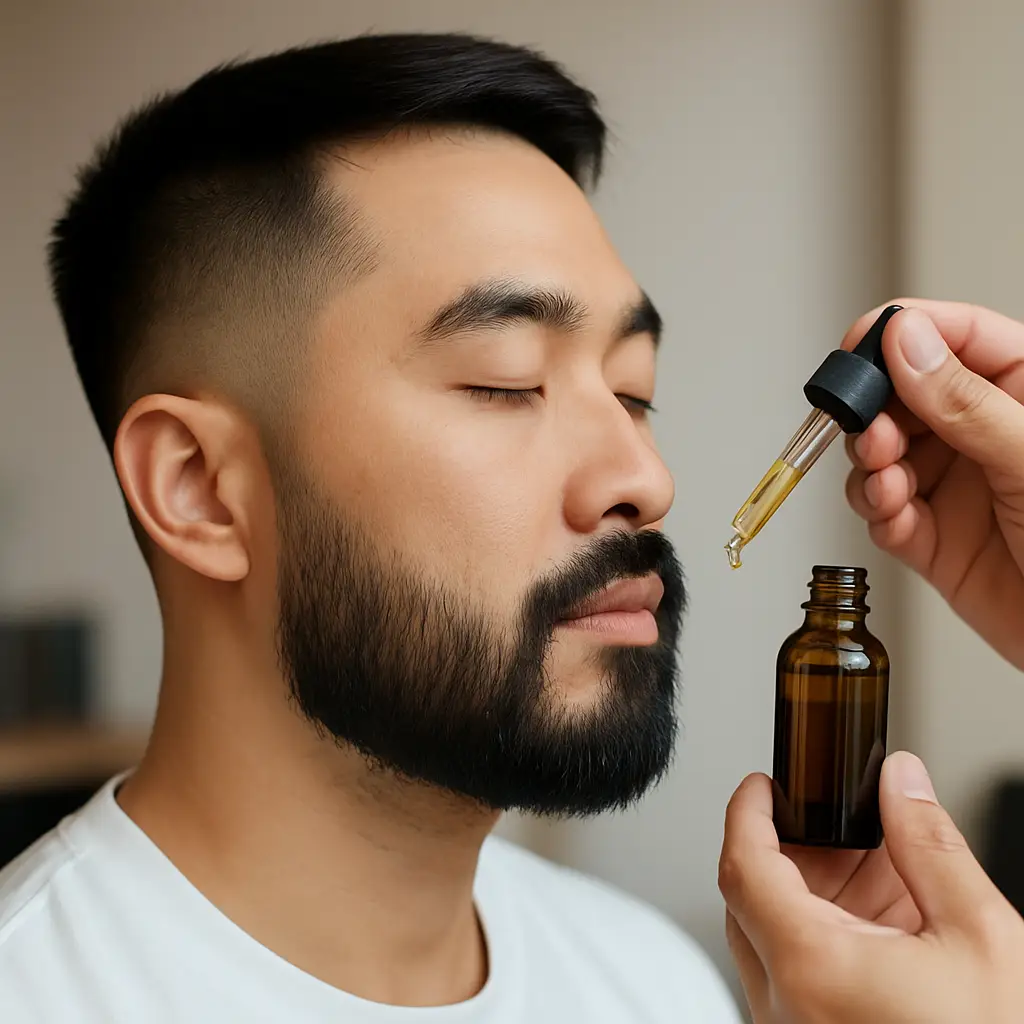 Man applying beard oil with dropper.