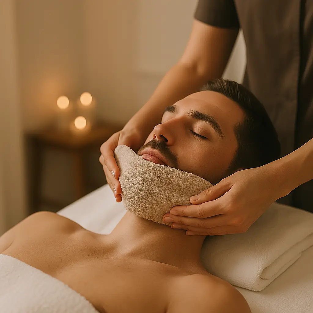 Man receiving relaxing towel facial at spa.