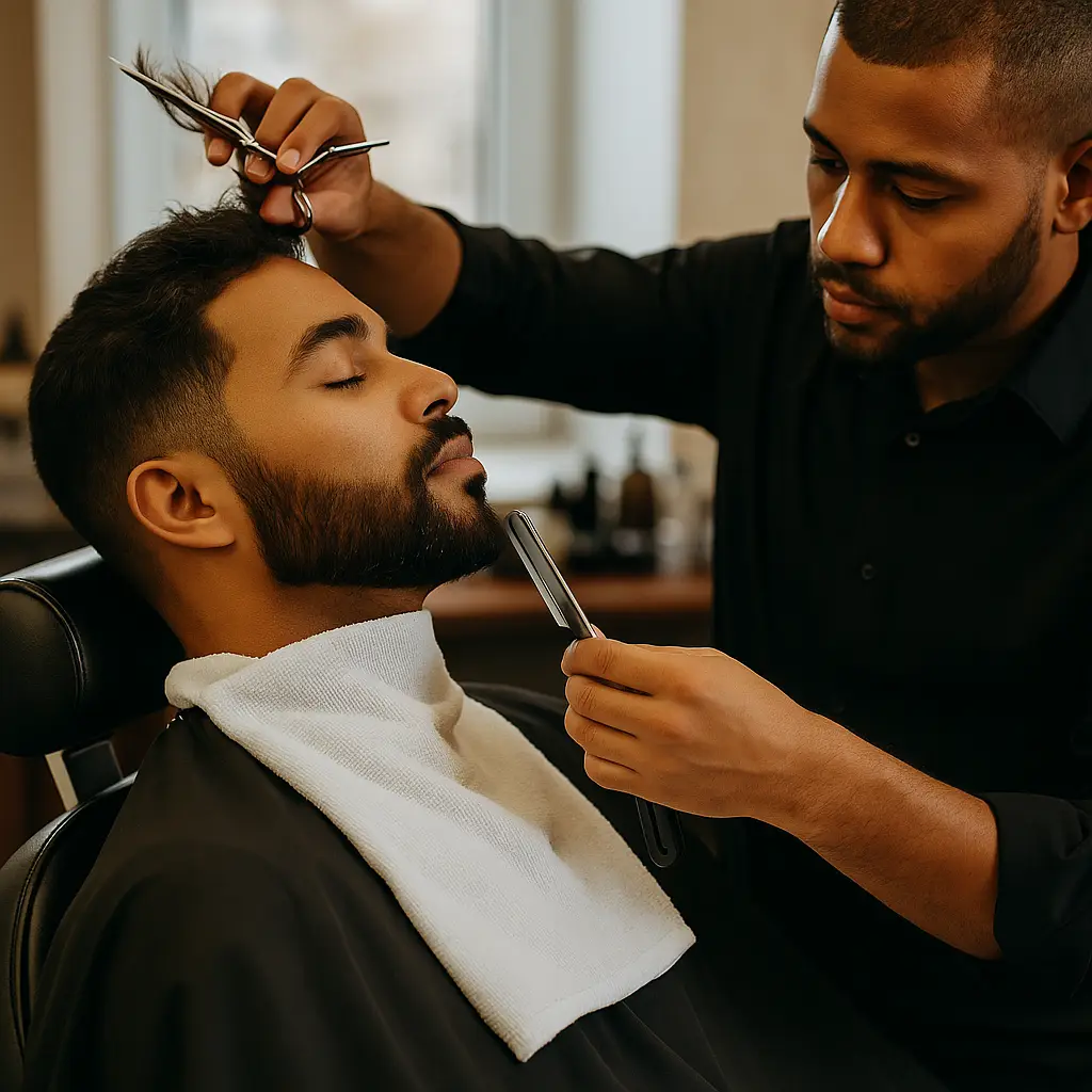 Man getting beard and hair trimmed at barbershop.