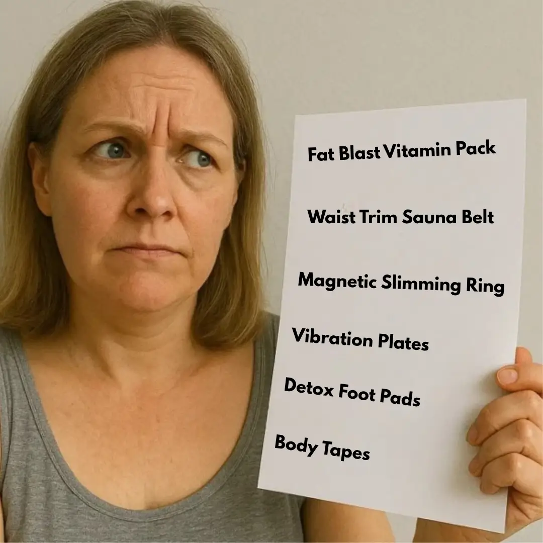 Woman holding paper with weight loss products list.